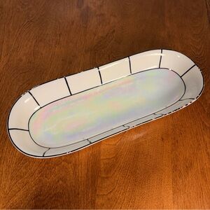 Vintage Iridescent White Oval Serving Platter with Black Grid Trim